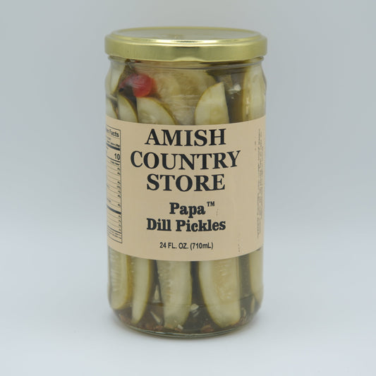 Canned Papa Dill Pickles in glass jar with label, produced by Amish Country Store, showcasing fresh, crunchy dill pickles.