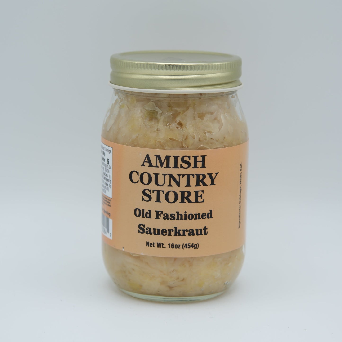 Canned Amish Country Store Old Fashioned Sauerkraut in a 15 oz can, showing the label and product inside.
