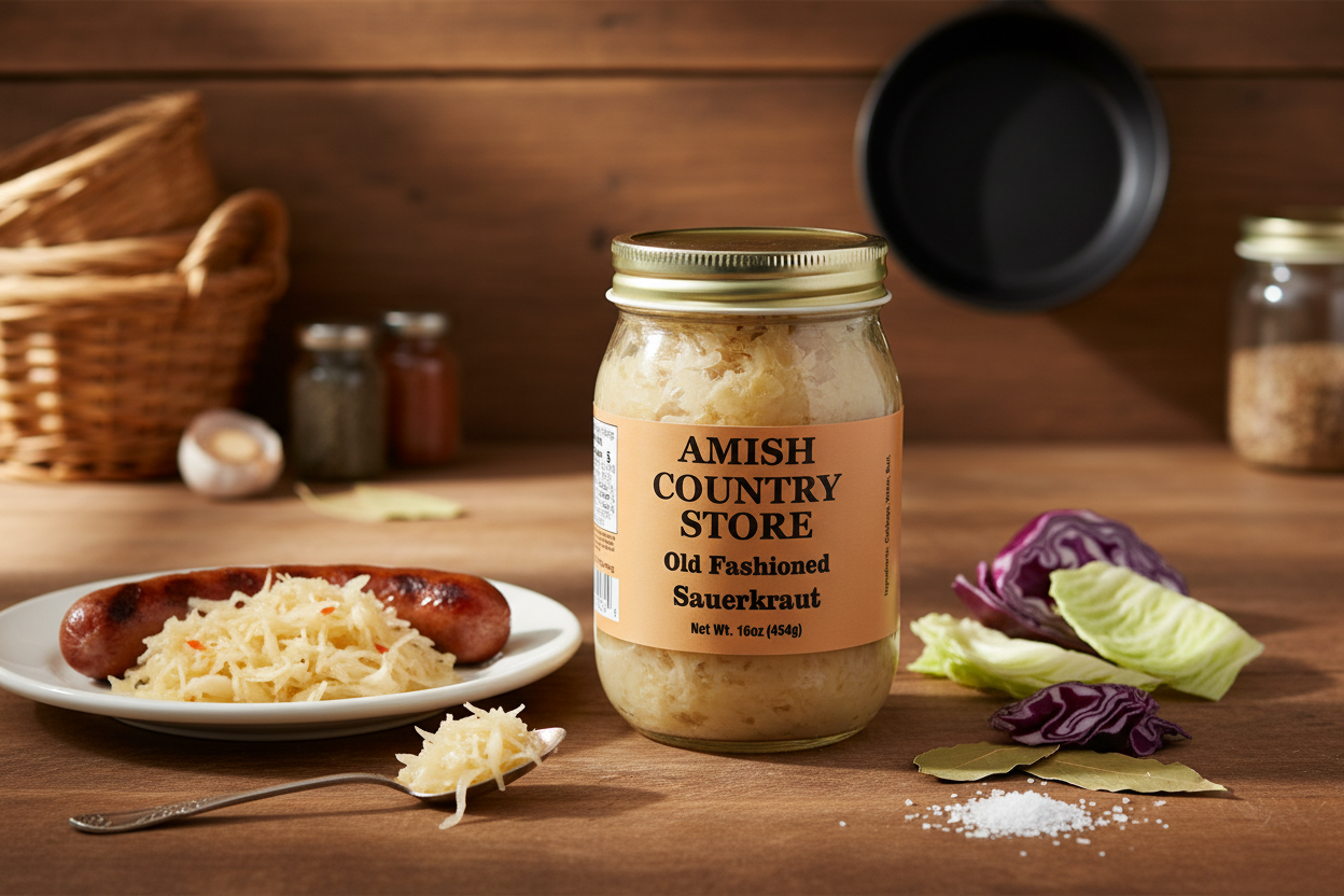 Canned Old Fashioned Sauerkraut by Amish Country Store in a 15 oz jar, showing fresh, fermented cabbage with a rustic label.