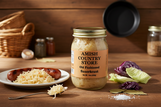 Canned Old Fashioned Sauerkraut by Amish Country Store in a 15 oz jar, showing fresh, fermented cabbage with a rustic label.