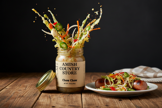 Canned Chow Chow from Amish Country Store in 16oz jar, featuring colorful pickled vegetables and spices for classic flavor.