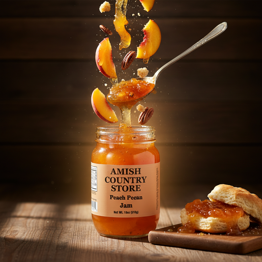 Canned Peach Pecan Jam by Amish Country Store in an 18oz jar, showcasing fresh peaches and pecans in a glass jar.