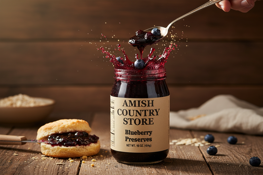 Canned Amish Country Store Blueberry Preserves jar with blue and white label, 16 oz size on a wooden surface.