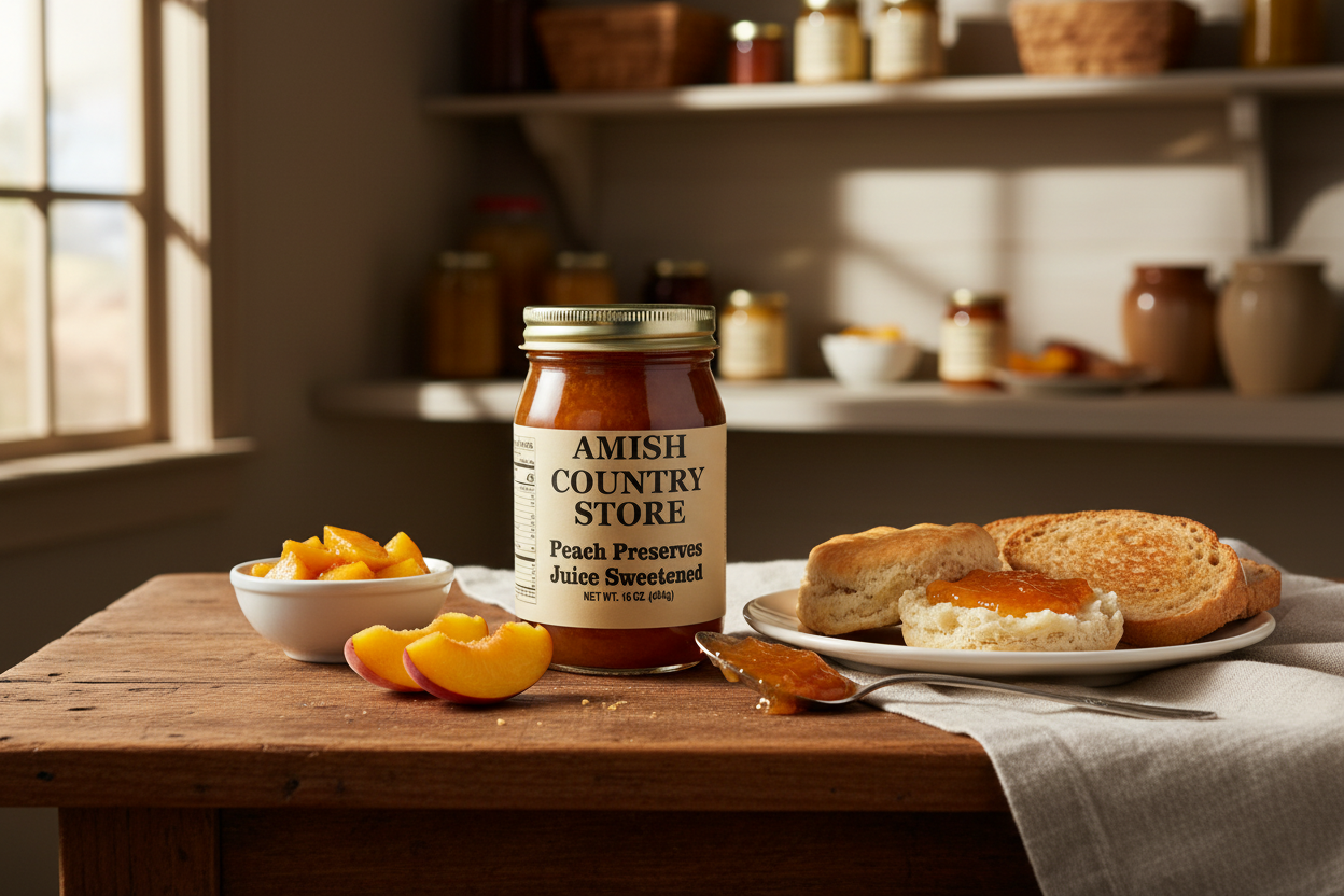 Canned peach preserve juice from Amish Country Store in a 16 oz can, showcasing the jar filled with golden peach preserve juice.