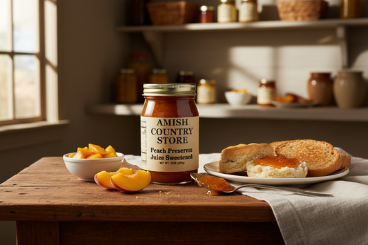 Canned peach preserve juice from Amish Country Store in a 16 oz can, showcasing the jar filled with golden peach preserve juice.