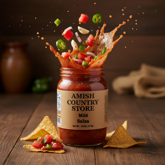 Canned Amish Country Store Mild Salsa in 14.5 oz jar with fresh tomatoes, peppers, and herbs visible on the label
