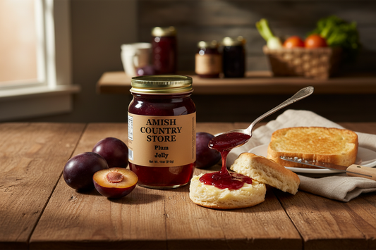 Canned Amish Country Store Plum Jelly in an 18oz jar, with a clear label and purple plum images on the packaging.