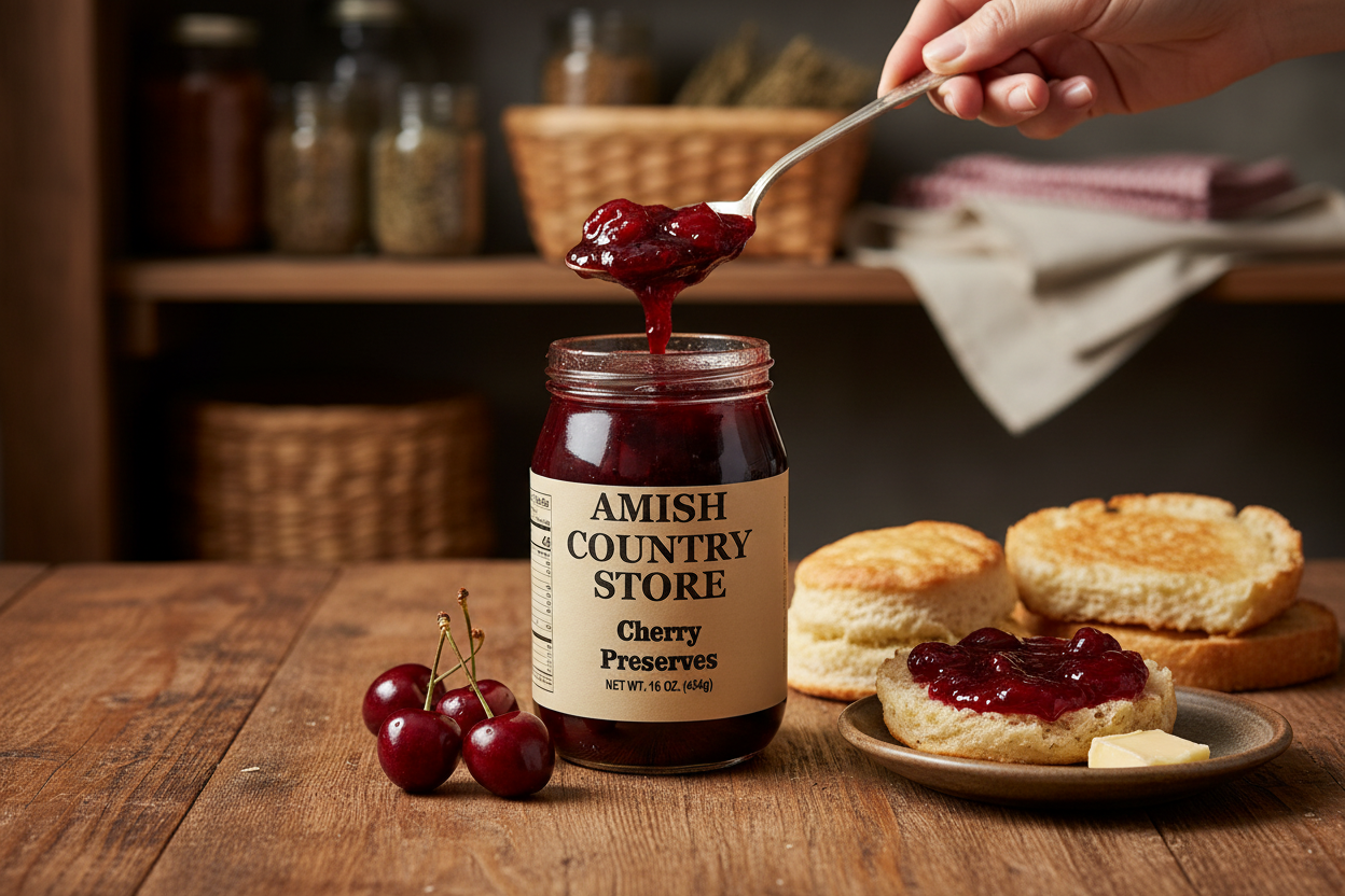 Canned cherry preserves in a 16 oz jar from Amish Country Store, featuring vibrant red cherries and clear syrup.