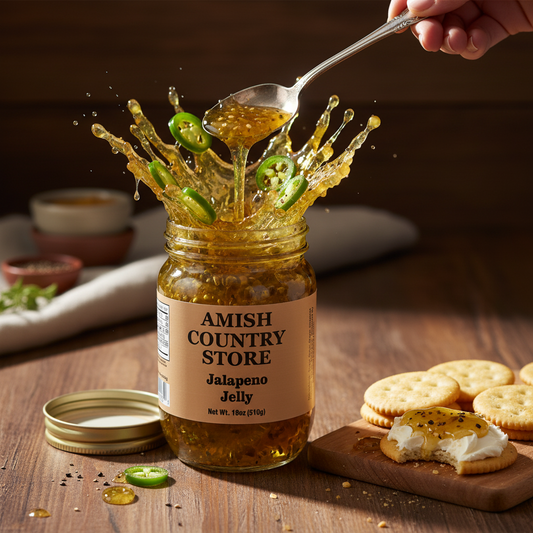 Jar of Amish Country Store Jalapeno Jelly in 18oz can, featuring a clear label and lid, perfect for spreads and snacks.