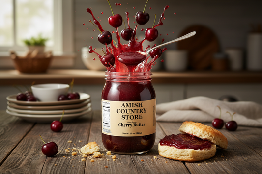 Canned Cherry Butter by Amish Country Store in a 16 oz jar, with a smooth, vibrant cherry spread visible in the jar.