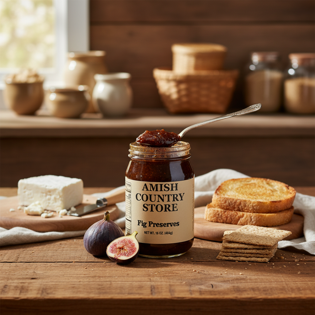 Canned Amish Country Store fig preserves in a 16 oz jar, showing the label and jar with preserved figs inside.