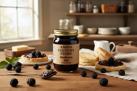 Amish Country Store blackberry jam in an 18 oz jar, canned goods product, with a close-up view of the jar and label.