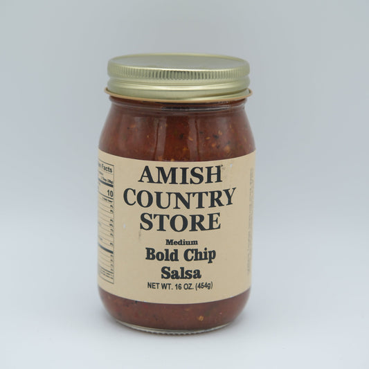 Canned Bold Chip Salsa 16 oz by Amish Country Store, showing a jar of spicy tomato salsa with fresh ingredients.