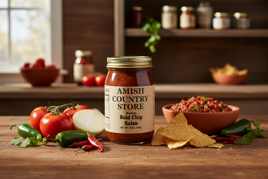 Canned Amish Country Store Bold Chip Salsa in 16 oz container, featuring vibrant tomato and chili ingredients.