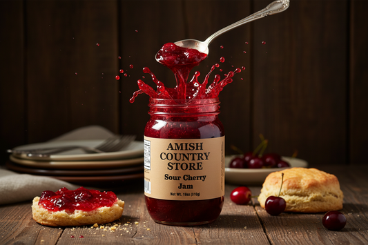 Canned sour cherry jam from Amish Country Store in an 18oz jar, with a close-up of the jam's vibrant red color and label.