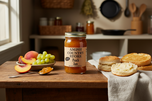 Amish Country Store peach jam in a 8 oz can, no sugar added, showcasing the jar with peach jam inside.
