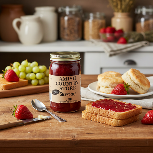 Canned Amish Country Store strawberry jam with no added sugar in an 8 oz jar, showcasing the jam's bright red color and label.