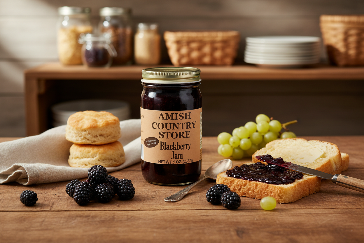 Canned Amish Country Store Blackberry Jam, 8 oz, no sugar added, with a jar and label visible.