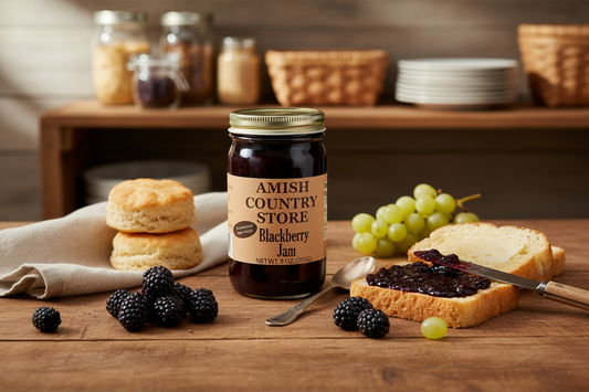 Canned Amish Country Store Blackberry Jam, 8 oz, no sugar added, with a jar and label visible.