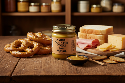 Amish Country Store sweet mustard in a 9oz glass jar, showcasing the creamy mustard with a golden yellow color and label.