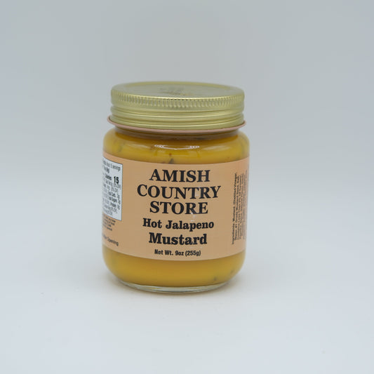 Amish Country Store hot jalapeño mustard in a 9oz glass jar, spicy sauce with visible jalapeño peppers and mustard seeds.