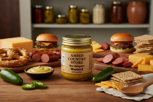 Amish Country Store Hot Jalapeño Mustard in 9oz glass jar, showing spicy mustard with jalapeño peppers and Amish recipe ingredients