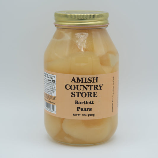 Canned Amish Country Store Bartlett Pears in 32 oz can, showing shiny, sliced pear halves in syrup on a white background.