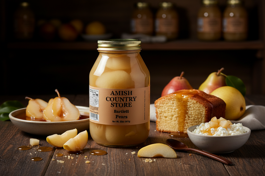 Canned Amish Country Store Bartlett Pears in 32 oz can, ripe and ready-to-eat fruit with a natural golden color.