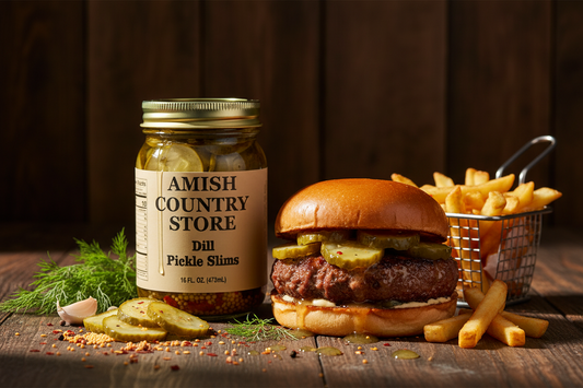 Canned Dill Pickle Slims in 16 oz jar by Amish Country Store, showing fresh dill pickles in clear glass jar with label.