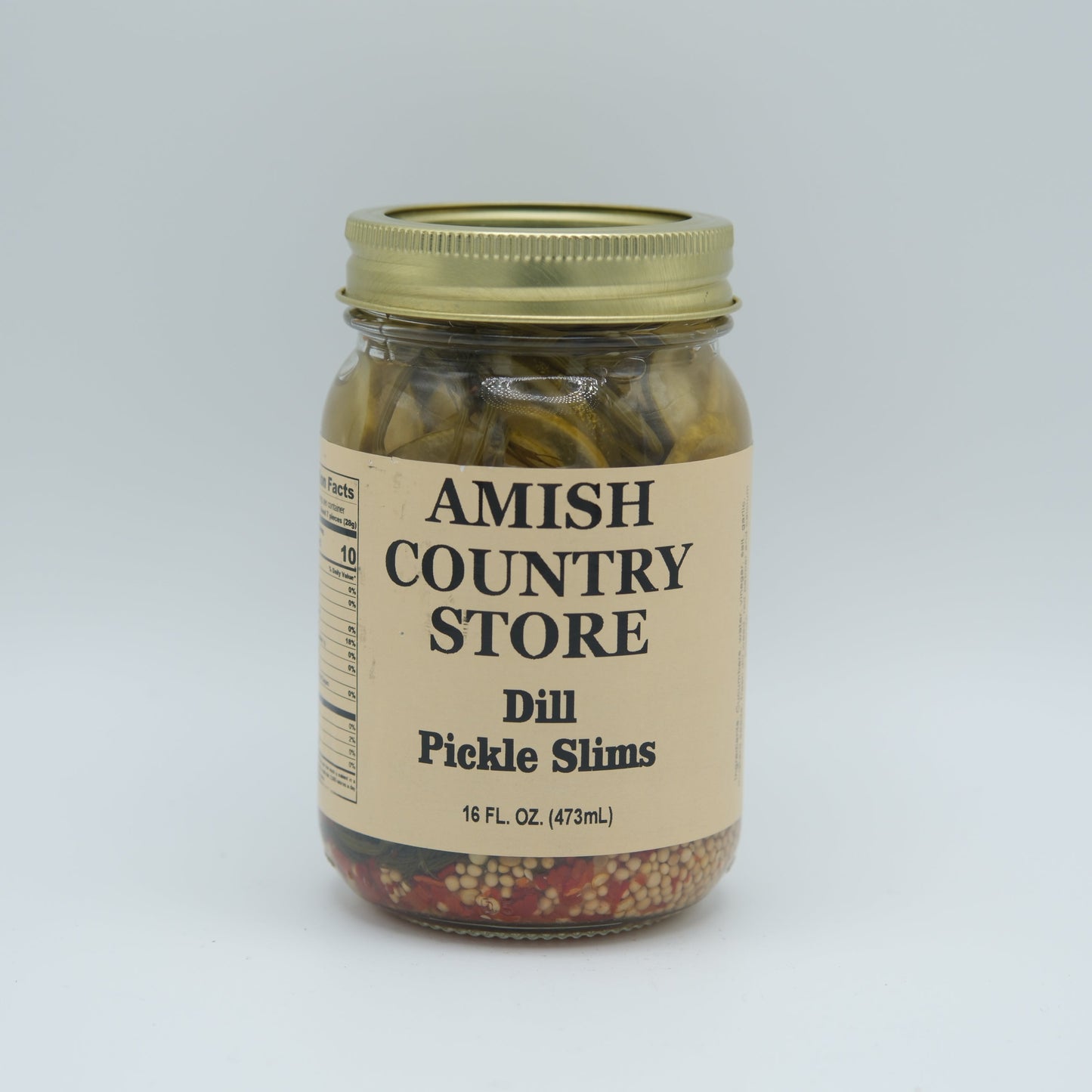 Canned dill pickle slim slices in 16 oz jar from Amish Country Store, showing jar filled with sliced pickles in brine