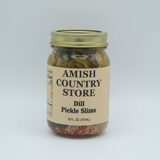 Canned dill pickle slim slices in 16 oz jar from Amish Country Store, showing jar filled with sliced pickles in brine