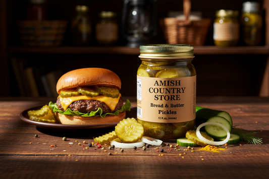 Canned bread and butter pickles in a 32 oz jar from Amish Country Store, showing the pickle slices inside the jar.