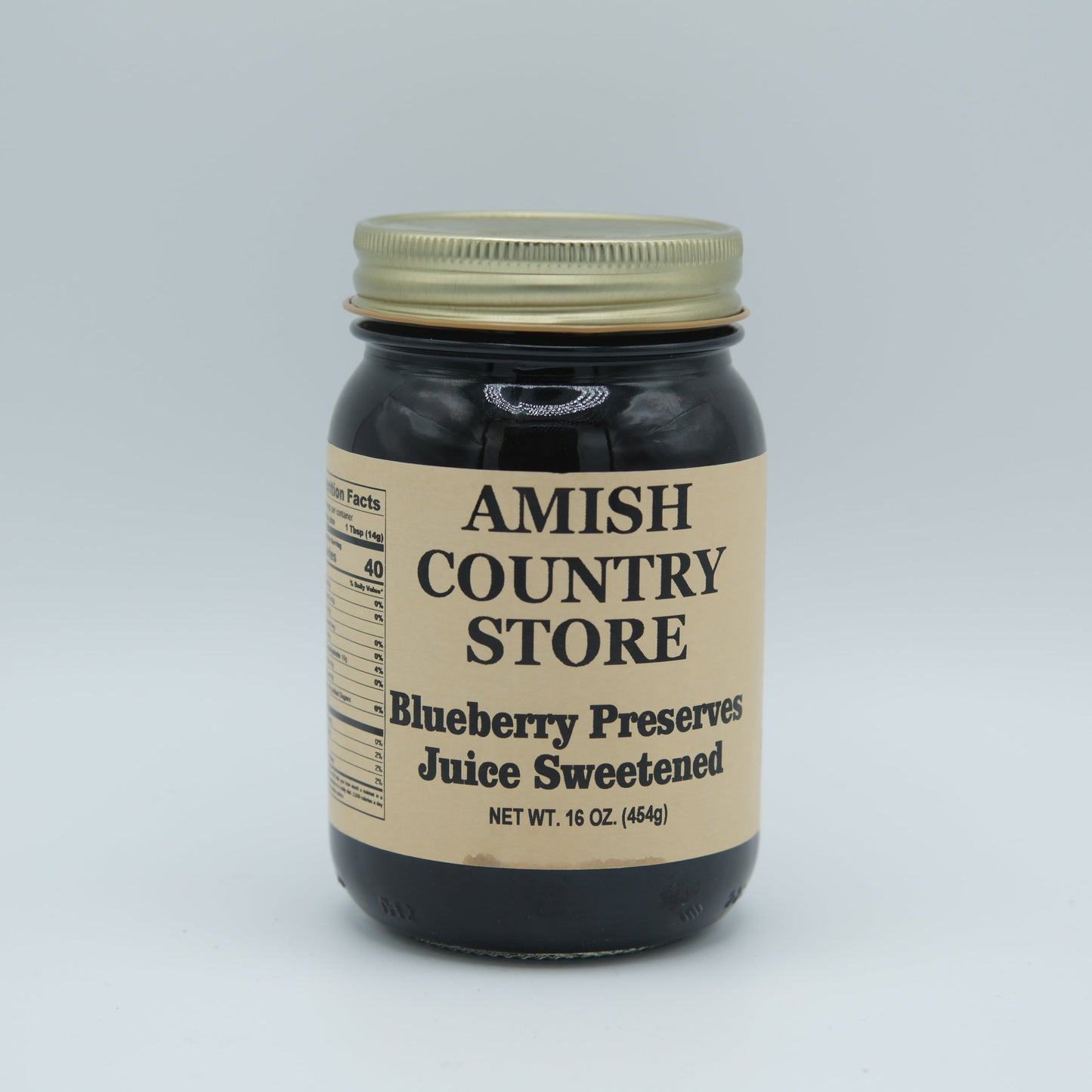 Blueberry preserve juice in a 16 oz can from Amish Country Store, showcasing fresh blueberries and vibrant packaging.