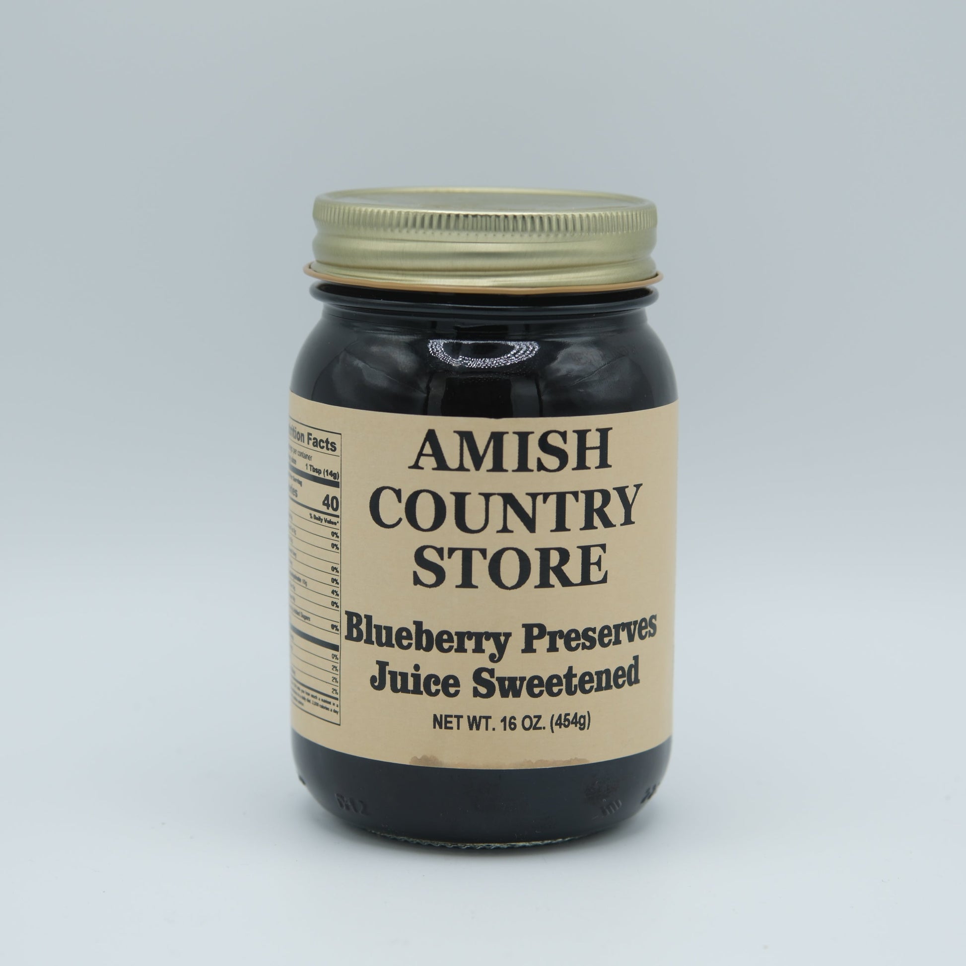 Blueberry preserve juice in a 16 oz can from Amish Country Store, showcasing fresh blueberries and vibrant packaging.