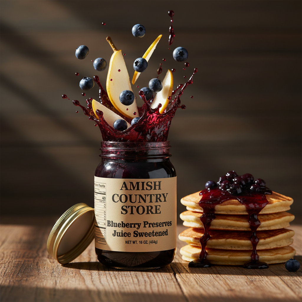 Canned blueberry preserve juice in a 16 oz jar from Amish Country Store, showcasing the rich blue color and label.