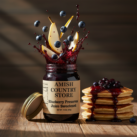 Canned blueberry preserve juice in a 16 oz jar from Amish Country Store, showcasing the rich blue color and label.