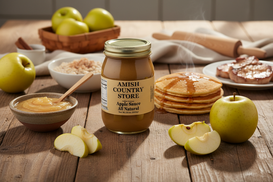 Cans of Amish Country Store Golden Delicious Apple Sauce with no added sugar, 19 oz, showcasing the canned fruit product.