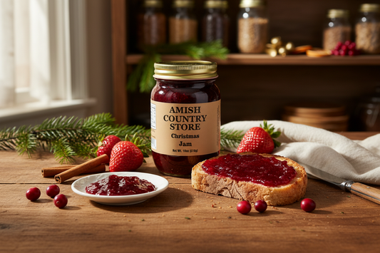 Canned Christmas jam from Amish Country Store in a glass jar with festive holiday packaging, ready for gifting or enjoying.