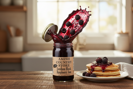 Canned Amish Country Store Black Raspberry Seedless Jam in 9 oz jar, no added sugar, smooth fruit spread with vibrant dark color.