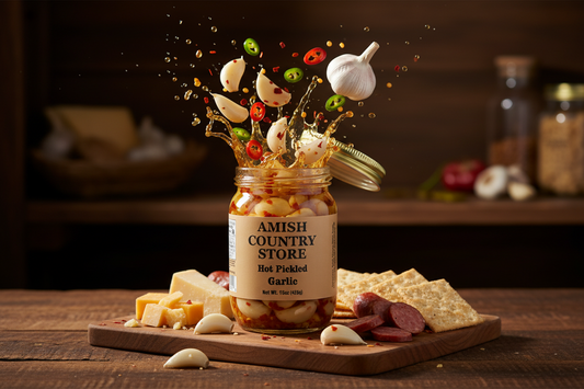 Canned Amish Country Store hot pickled garlic in a 15oz jar, showing garlic cloves immersed in spicy pickling brine.