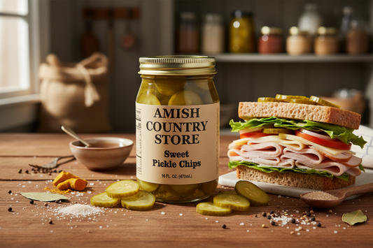Canned sweet pickle chips in a 16 oz jar from Amish Country Store, showing glossy pickle slices in clear glass jar.