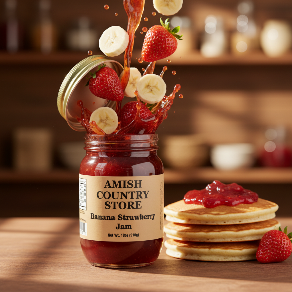Canned banana strawberry jam in an 18 oz jar from Amish Country Store, showcasing the fruit spread with a vibrant appearance.