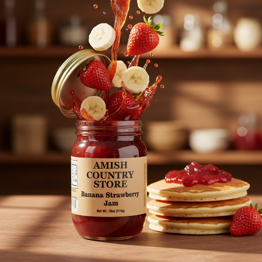 Canned banana strawberry jam in an 18 oz jar from Amish Country Store, showcasing the fruit spread with a vibrant appearance.
