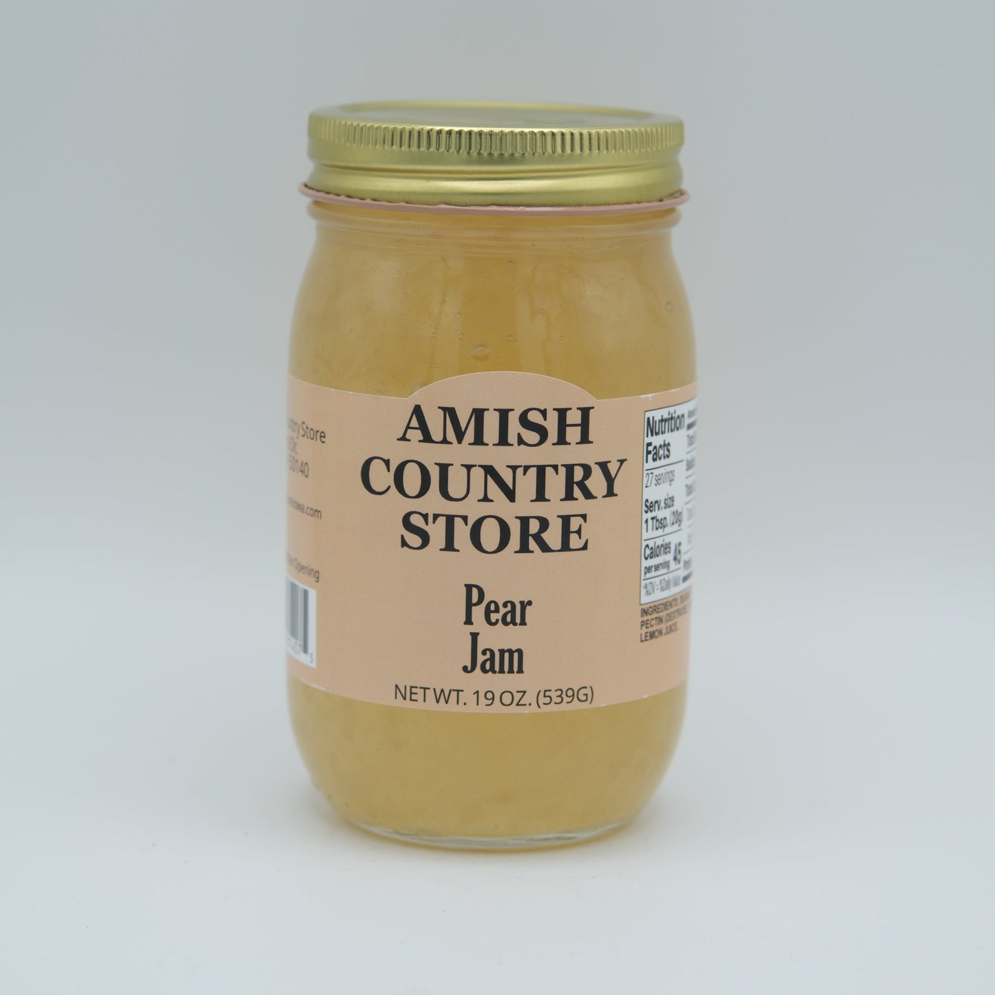 Canned pear jam in a 19oz jar from Amish Country Store, showcasing a close-up of the jar with pear jam inside.