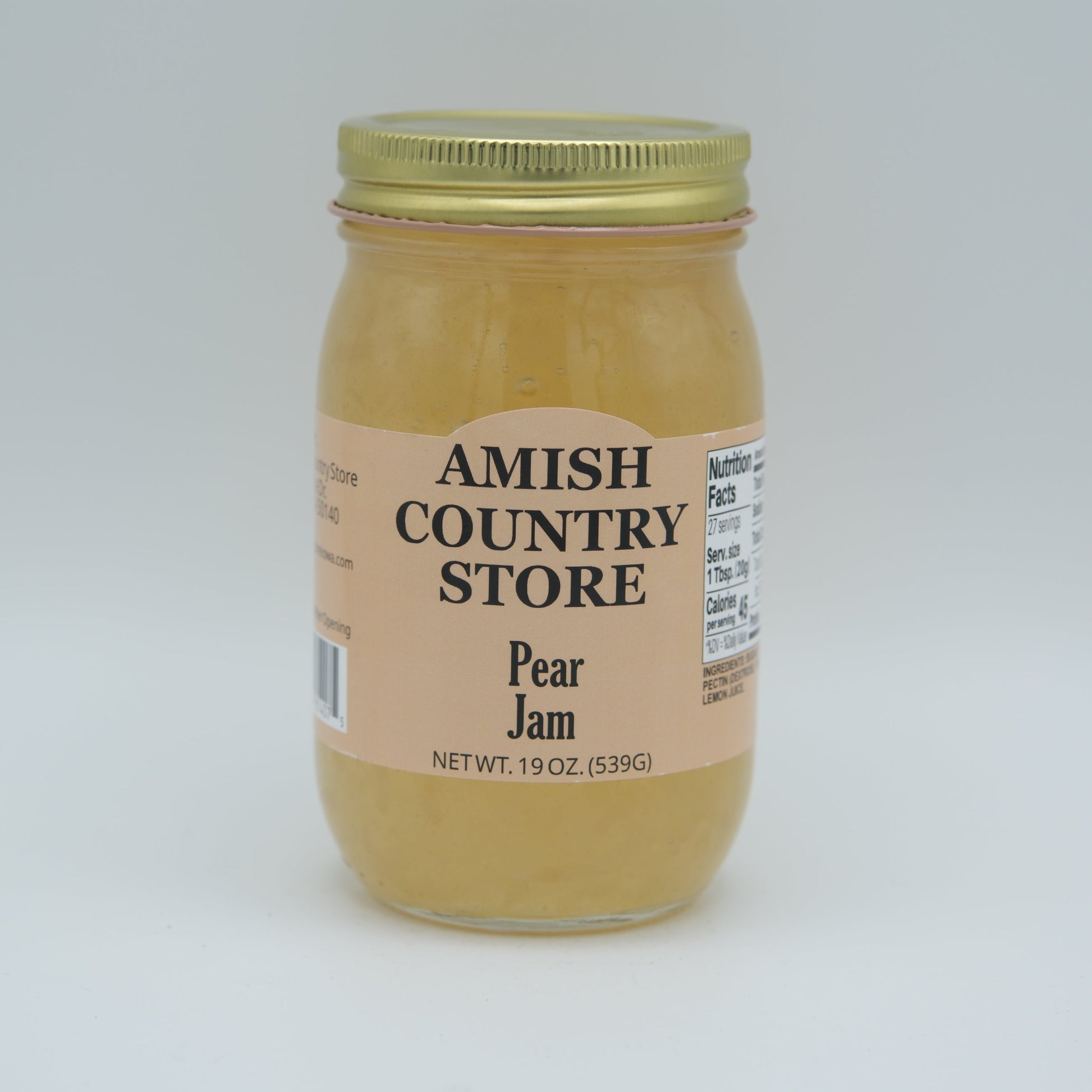 Canned pear jam in a 19oz jar from Amish Country Store, showcasing a close-up of the jar with pear jam inside.