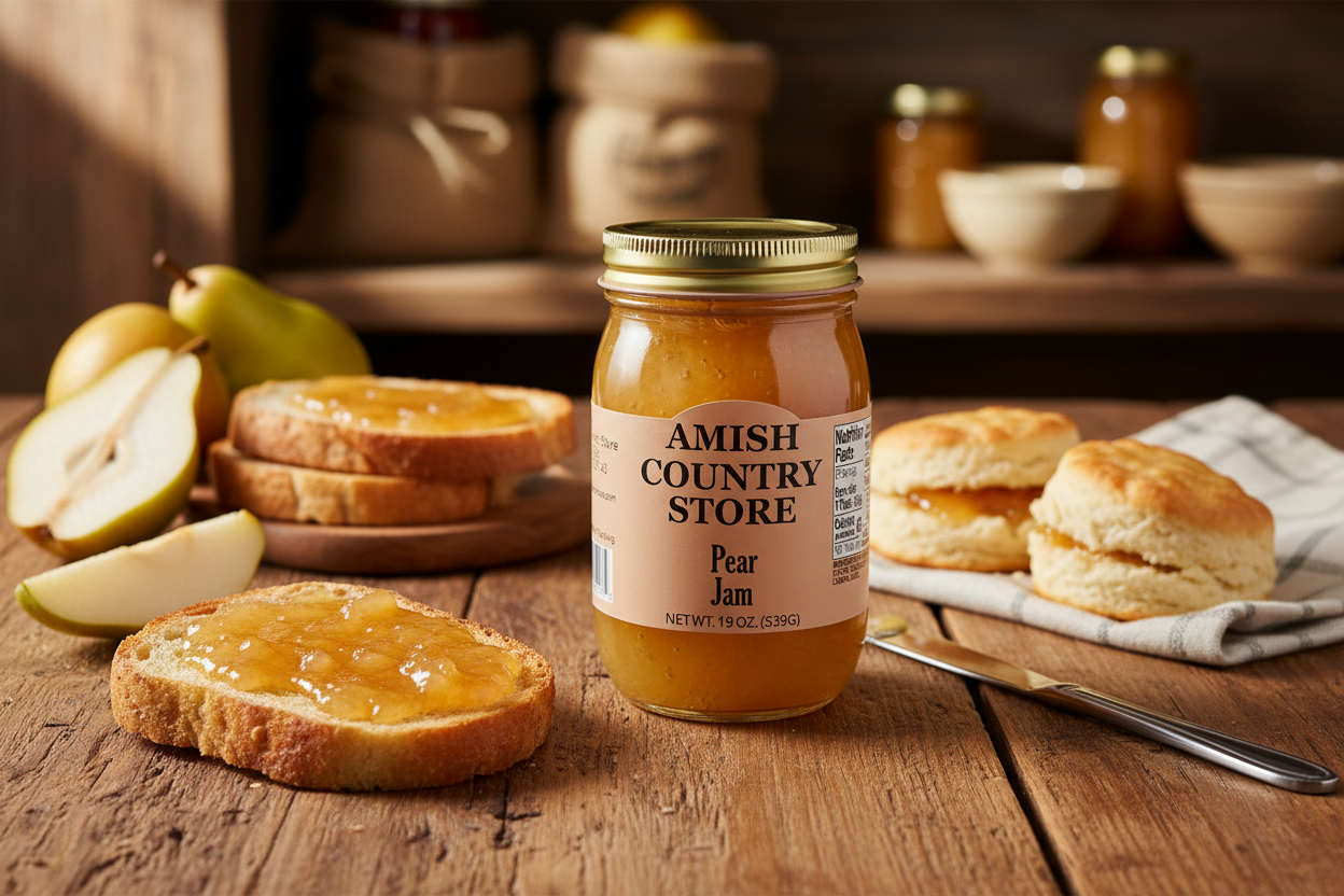Canned Pear Jam in a 19oz jar from Amish Country Store, showcasing the glossy pear jam inside a clear glass jar.