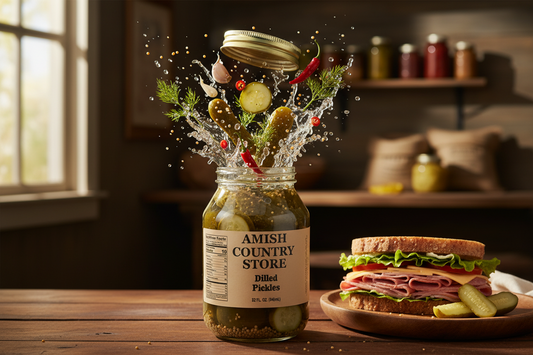 Canned dill pickles in a 32 oz jar from Amish Country Store, showing fresh sliced cucumbers in brine.
