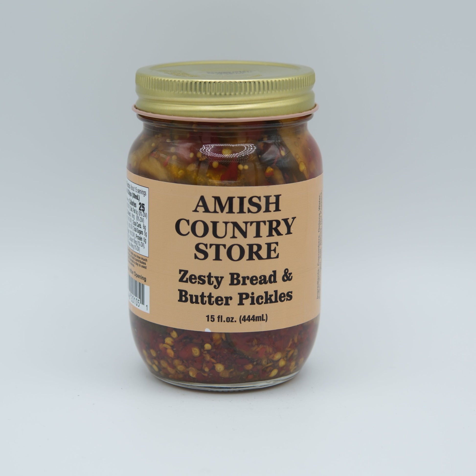 Jar of Amish Country Store Zesty Bread & Butter Pickles in a 32 oz can, with vibrant pickle slices visible.