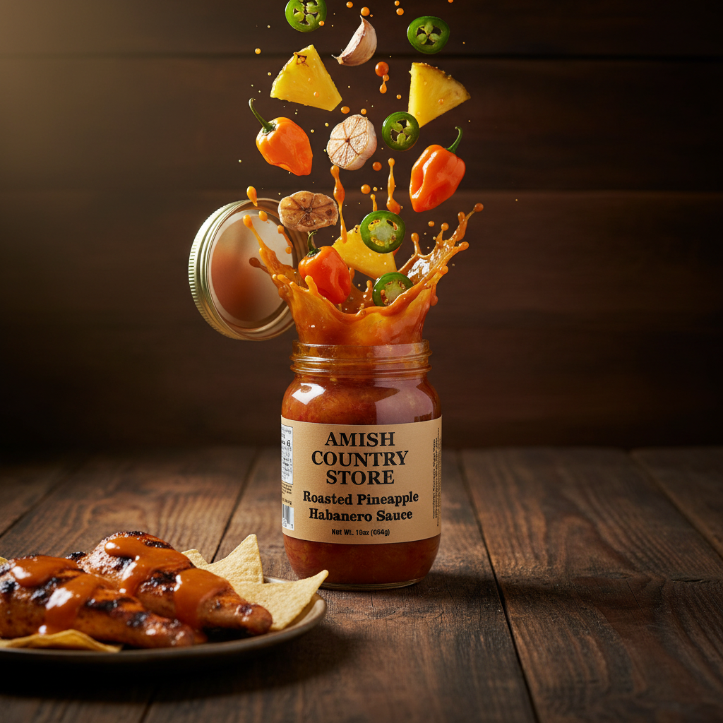 Canned roasted pineapple habanero sauce by Amish Country Store in a 16oz jar, showcasing the vibrant sauce with pineapple and habanero peppers.