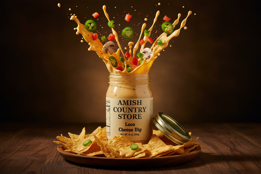 Amish Country Store Loco Cheese Dip in 16 oz canned goods container, creamy cheese dip with spicy flavor, ready to serve.